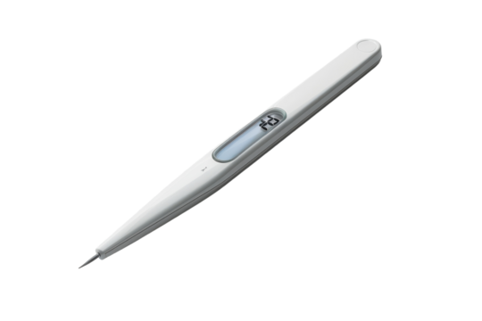 A White Digital Thermometer With a Sharp Tip Lies on a White Background