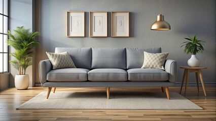 Modern grey sofa with wooden legs in a stylish living room setting, modern, grey, sofa, wooden, legs