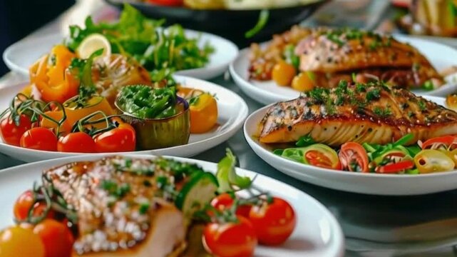 a number of plates of food on a table, hd food photography, high quality stock picture, 4 k food photography, 4k gourmet, appetizer, vegetable, buffet, catering, banquet, lunch, fish, meat, healthy HD
