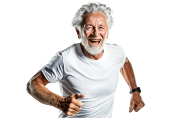 Happy smiling old man running or jogging, living an active life isolated in a transparent background. Cut out or PNG.