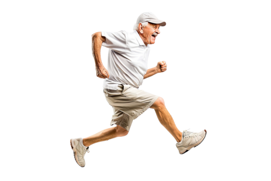 Happy smiling old man running or jogging, living an active life isolated in a transparent background. Cut out or PNG.