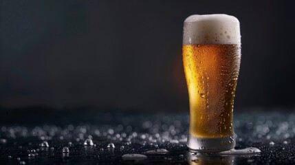 Realistic photo of a glass of fresh beer, with condensation and frothy top, on a dark background