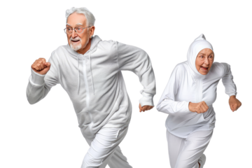 Happy smiling old couple running or jogging, living an active life isolated in a transparent background. Cut out or PNG.