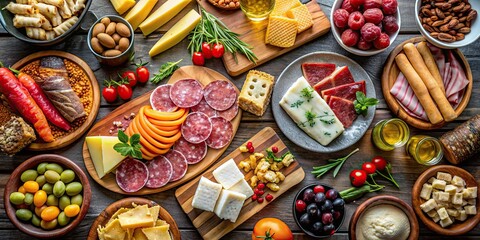 Fototapeta premium Table setting with a variety of snacks, cold cuts, assorted bars, and cheeses. View from above, buffet, table, setting