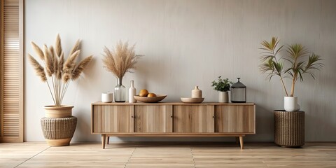 Modern minimalist interior with a wooden sideboard, rustic vases, and dried botanical arrangements, modern, minimalist