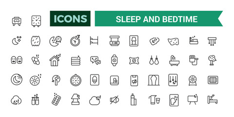 Sleep and Bedtime icons set. Outline icons pack. Editable vector line icon set and illustration for web and UI application.