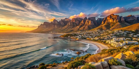 Fototapeta premium Scenic sunset at Camps Bay with views of the 12 Apostles mountains in Cape Town, sunset, Camps Bay