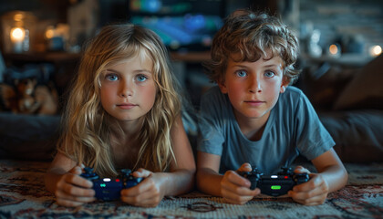 Fototapeta premium children playing video games lying on the floor.generative ai