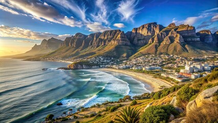 Fototapeta premium Landscape of Camps Bay with the stunning backdrop of the 12 Apostles mountain range in Cape Town, South Africa, Camps Bay