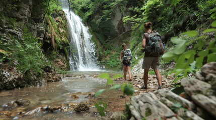 Obraz premium Adventure of a family on a hiking trip discovering a hidden waterfall