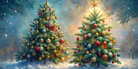 Christmas tree decorated with nostalgic ornaments in a realistic winter oil painting, Christmas tree, decorations