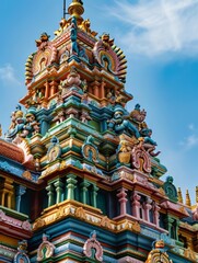 Ornate Hindu Temple Tower with Vibrant Colors and Intricate Sculptures