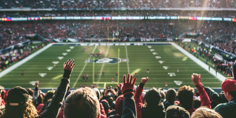 a view down the ranks at an american football stadium. The back of fans are visible that are cheering and supporting their team.generative ai
