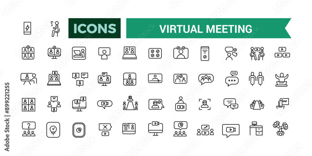 Poster virtual meeting icons collection. outline icons pack. editable vector icon set and illustration for 