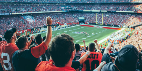 a view down the ranks at an american football stadium. The back of fans are visible that are cheering and supporting their team.generative ai