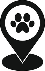 Black and white icon of a dog's paw print marking a location on a map, perfect for pet related businesses