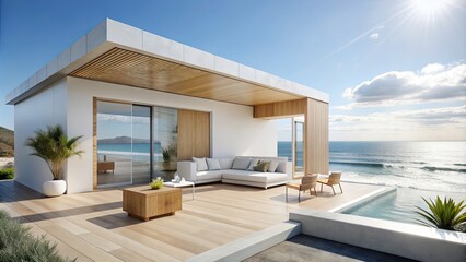 Fototapeta premium Minimalist beach house vita with white-washed walls, light wood accents, and panoramic ocean views