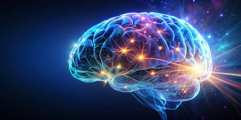 Futuristic illustration of holographic human brain head in bright glow against dark background with shallow depth of field and ample copy space.