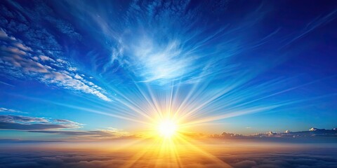 Obraz premium Blue sky with rising sun, sunrise, morning, clear sky, nature, outdoors, dawn, sunlight, horizon, landscape, serene