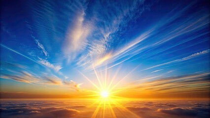 Fototapeta premium Sunrise in a clear blue sky, sunrise, morning, dawn, sun, sky, blue, clear, bright, nature, landscape, horizon