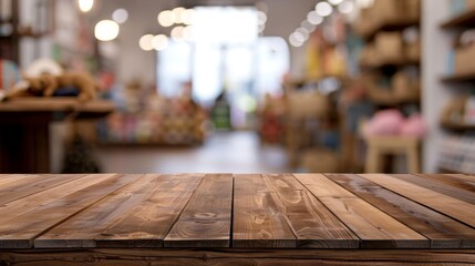 Rustic Wooden Tabletop with Blurry Store Background