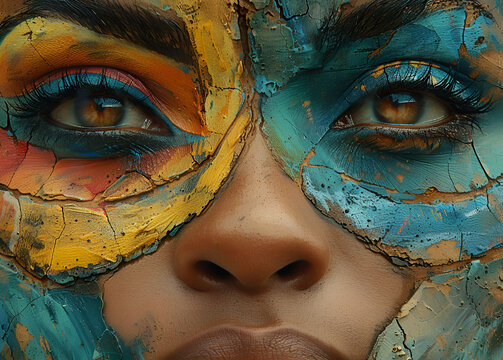A woman with colorful face paint and striking eye makeup.