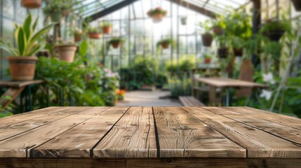 Wooden Table In A Lush Greenhouse - Perfect For Product Display