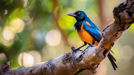 Obraz premium African superb starling on a branch on a tree bran
