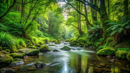 Pristine forest stream surrounded by lush greenery, nature, outdoors, forest, stream, water, flowing, trees, plants