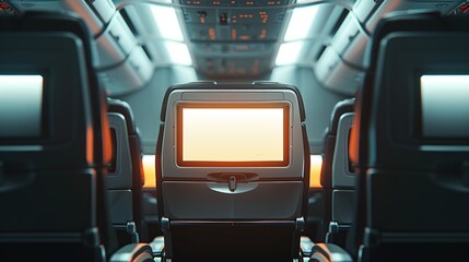 Airplane seat with backlit screen in modern cabin