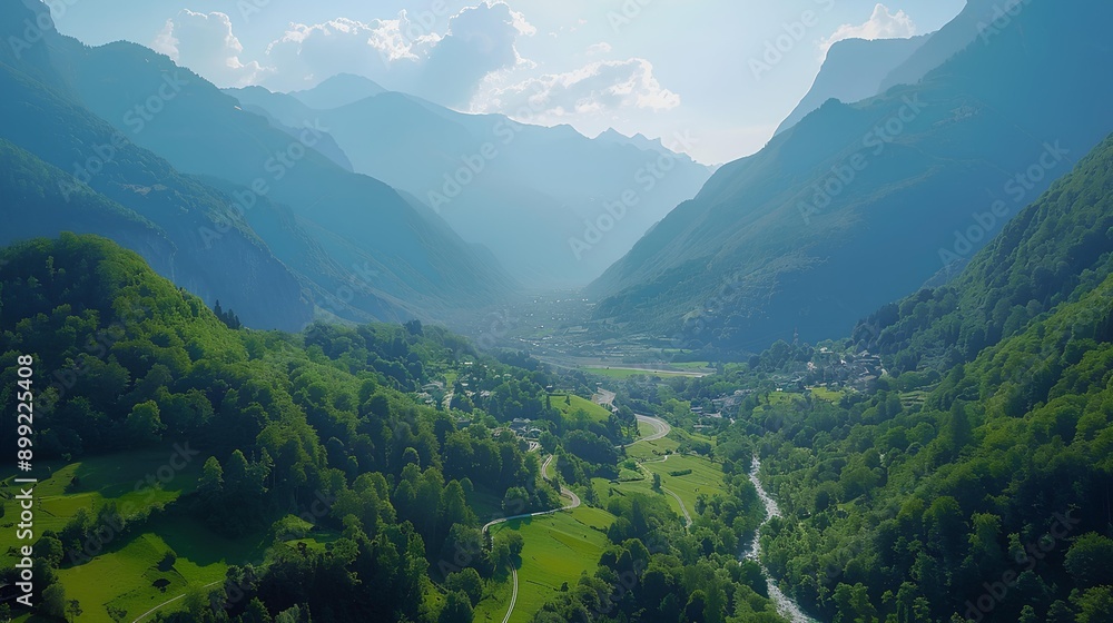 Sticker Mountain landscape with panoramic view from the top featuring green hills, valleys, forests, and a clear summer sky dotted with clouds