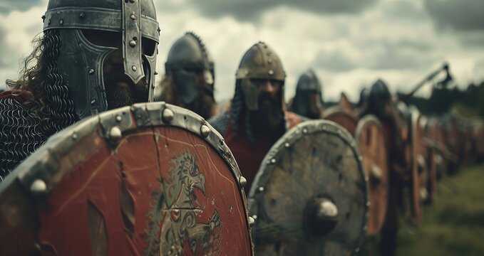 Viking warriors in battle formation with shields and helmets