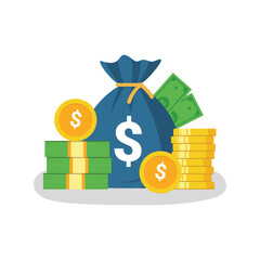 Money bag, gold coins and a pile of money vector illustration. investment concept design.