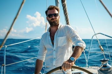 Man standing at the helm and sailing on a sunny day