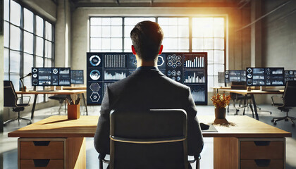 A 4k ( 3780 x 2160 ) illustration image of a company Owner in a Modern Office Facing his Screen, reading the charts of his data, 