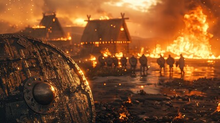 Viking shield foreground with burning village and warriors in background