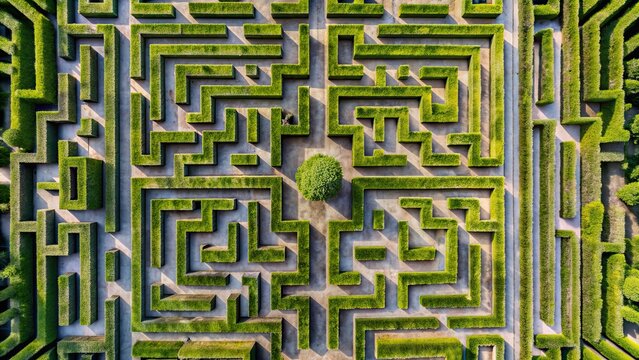 Aerial view of a complex maze design , labyrinth, puzzle, aerial photography, intricate, pattern, aerial view, maze