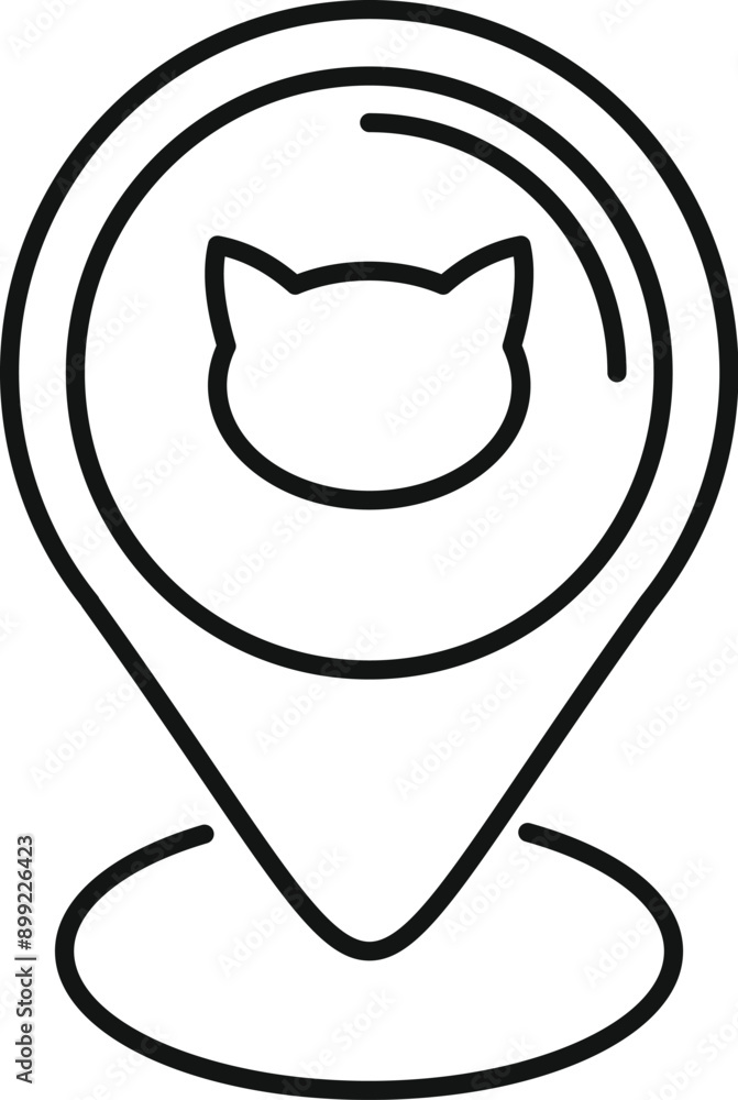 Poster simple line icon of a location pin with a cat's face inside, representing a place related to cats