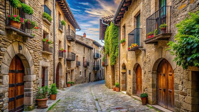 Medieval street in the beautiful Ainsa town, Huesca Arag?n, Spain , medieval, street, Ainsa, town, Huesca, Arag?n
