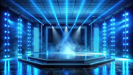 Dynamic blue stage with neon light illumination and misty atmosphere creating a futuristic ambiance , futuristic, stage