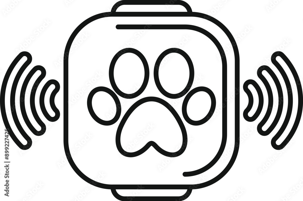 Poster line drawing of a pet tracker sending and receiving gps signal with paw print symbolising location o