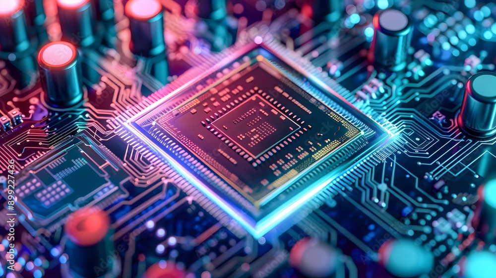Poster close up of a circuit board with a glowing processor chip.