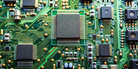 Electronic circuit board with various components and pathways, technology, electronics, motherboard
