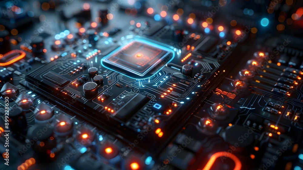 Poster closeup of a computer motherboard with glowing circuitry.