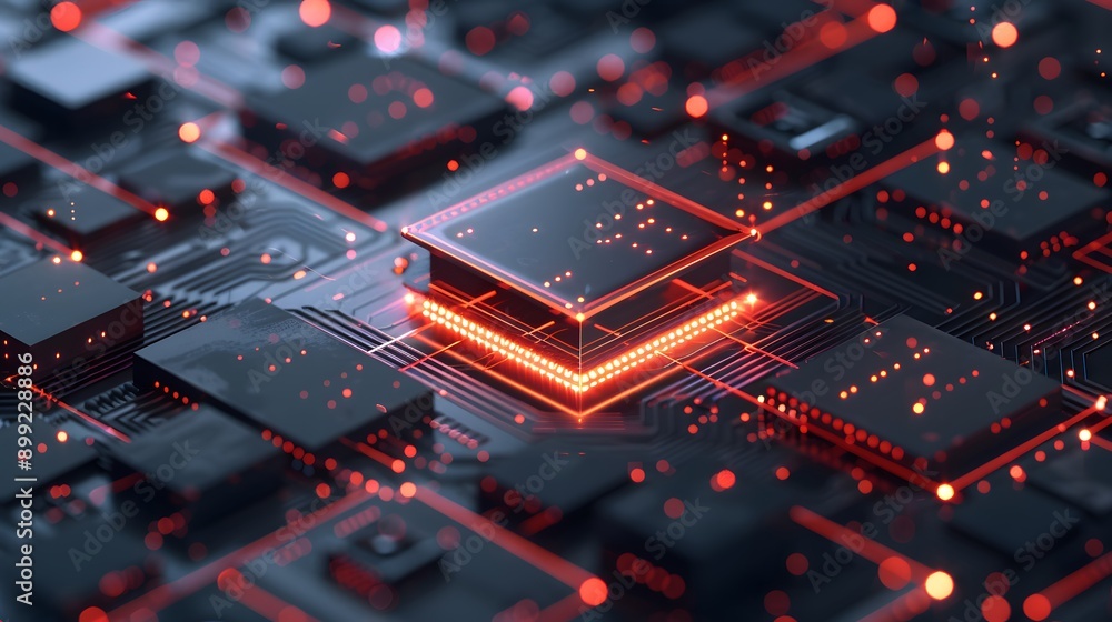 Poster red glowing circuit board with a processor.