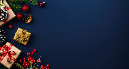 Christmas themed banner with winter and christmas decorations, copy space. Blue background and colorful details