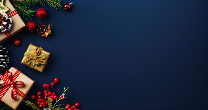 Christmas themed banner with winter and christmas decorations, copy space. Blue background and colorful details