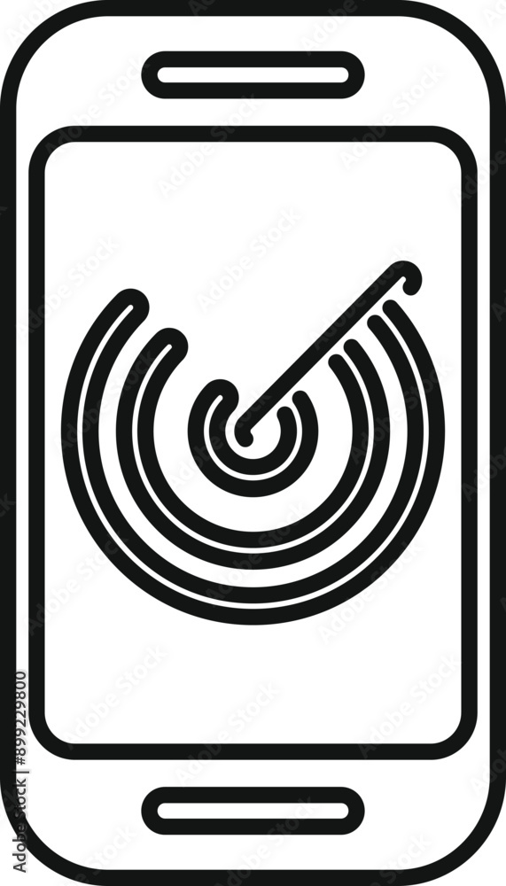 Poster line art icon of a smartphone showing a radar detecting signal