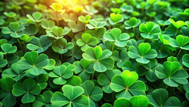 Expansive field of lush four-leaf clovers, luck, prosperity, fortune, Irish, St. Patrick's Day, green, plants, foliage, nature