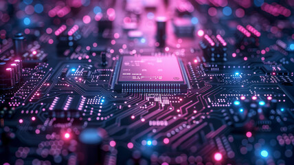 Obraz premium A very simple white line illustration of a CPU with data flowing in and out via lines, on a dark blue gradient background.generative ai